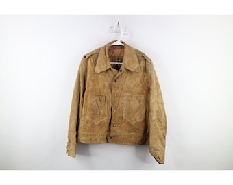 Anni '60 anni '70 Streetwear Mens 42 Giacca bomber Safari in pelle scamosciata invecchiata, giacca bomber in pelle anni '60, giacca in pelle Safari anni '70, anni '60
