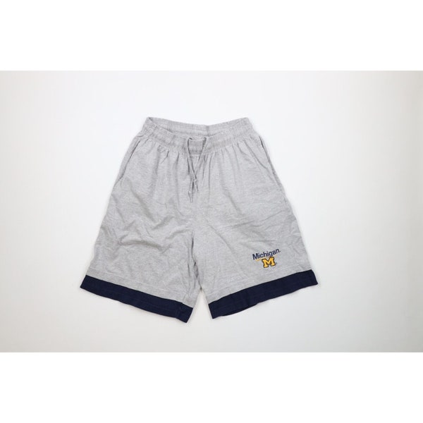 90s Mens Medium Spell Out Layered University of Michigan Shorts Gray, Vintage Michigan Wolverines Shorts, 1990s U of M Football Shorts, 90s