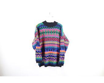 90s Coogi Style Womens XL Ed Bassmaster Rainbow Fair Isle Knit Sweater, Vintage Fair Isle Sweater, 1990s Nordic Knit Sweater, Mom Sweater