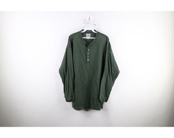 90s Streetwear Mens XL Faded Blank Long Sleeve Henley T-Shirt Green Cotton, Vintage Blank Henley T-Shirt, Mens Vintage Long Sleeve T-Shirt