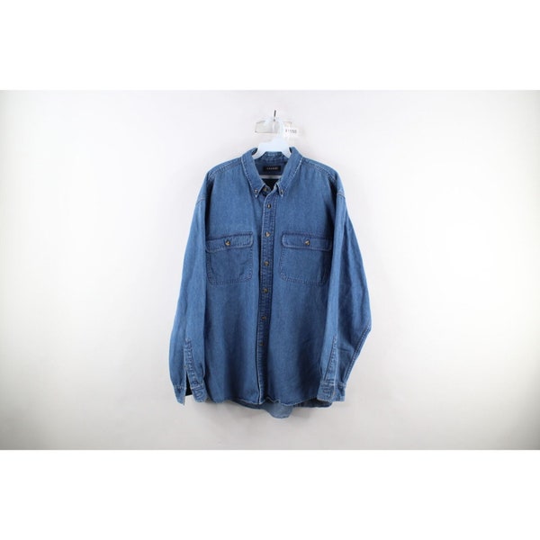 90s Streetwear Mens XL Distressed Collared Denim Jean Button Down Shirt, Vintage Denim Button Shirt, 1990 Jean Shirt, 1990s Collared Shirt