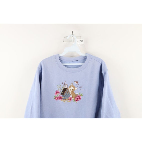 90s Country Primitive Womens XL Faded Flower Cat Kitten Bird