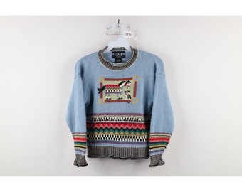 90s Streetwear Girls Large Rainbow Fair Isle Horse Dog Marled Knit Sweater, Vintage Fair Isle Knit Sweater, 90s Girls Sweater, Kids Sweater