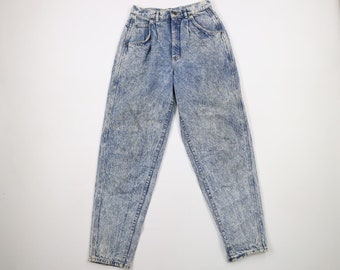90er Jahre Streetwear Damen 11 Distressed Plissee Jeans mit konischem Bein in Acid Wash USA, Vintage Denim Jeans in Acid Wash, 1990er Jahre Plissee Jeans mit konischem Bein