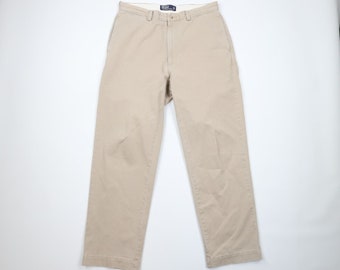 90s Ralph Lauren Mens 35x32 Distressed Spell Out Wide Leg Chino Pants Beige, Vintage Ralph Lauren Wide Leg Chino Pants, 1990s Chino Pants