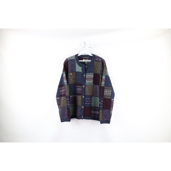 90s Eddie Bauer Womens Large Wool Knit Patchwork Button Cardigan Sweater, Vintage Eddie Bauer Wool Sweater, Womens Cardigan Sweater, 1990s