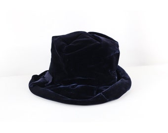 40s 50s Streetwear Velvet Velour Bow Tie Floppy Bucket Hat Blue USA Size 23, Vintage Bucket Hat, 1940s Velvet Bucket Hat, 1950s Womens Hat