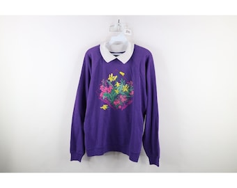 90er Country Primitive Womens Große verblasste Alaska Wilde Blumen Kragen Sweatshirt, Vintage Alaska Sweatshirt, 1990er Jahre Sweatshirt mit Kragen, 90er Jahre