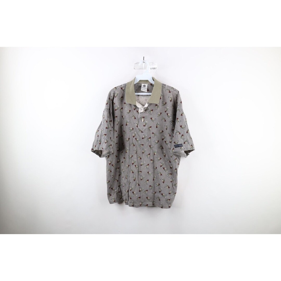 90s Columbia Mens XL All Over Print Fly Fishing Collared Polo Shirt