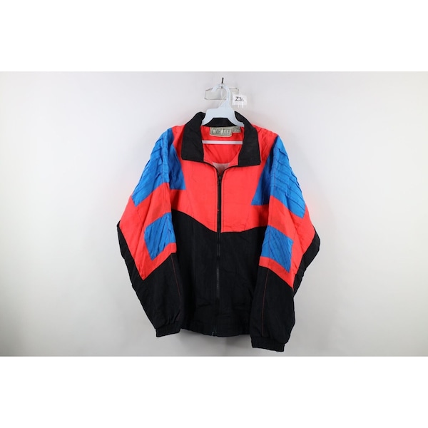 90s Streetwear Mens Medium Distressed Color Block Lined Windbreaker Jacket, Vintage Windbreaker Jacket, 1990s Color Block Windbreaker Jacket