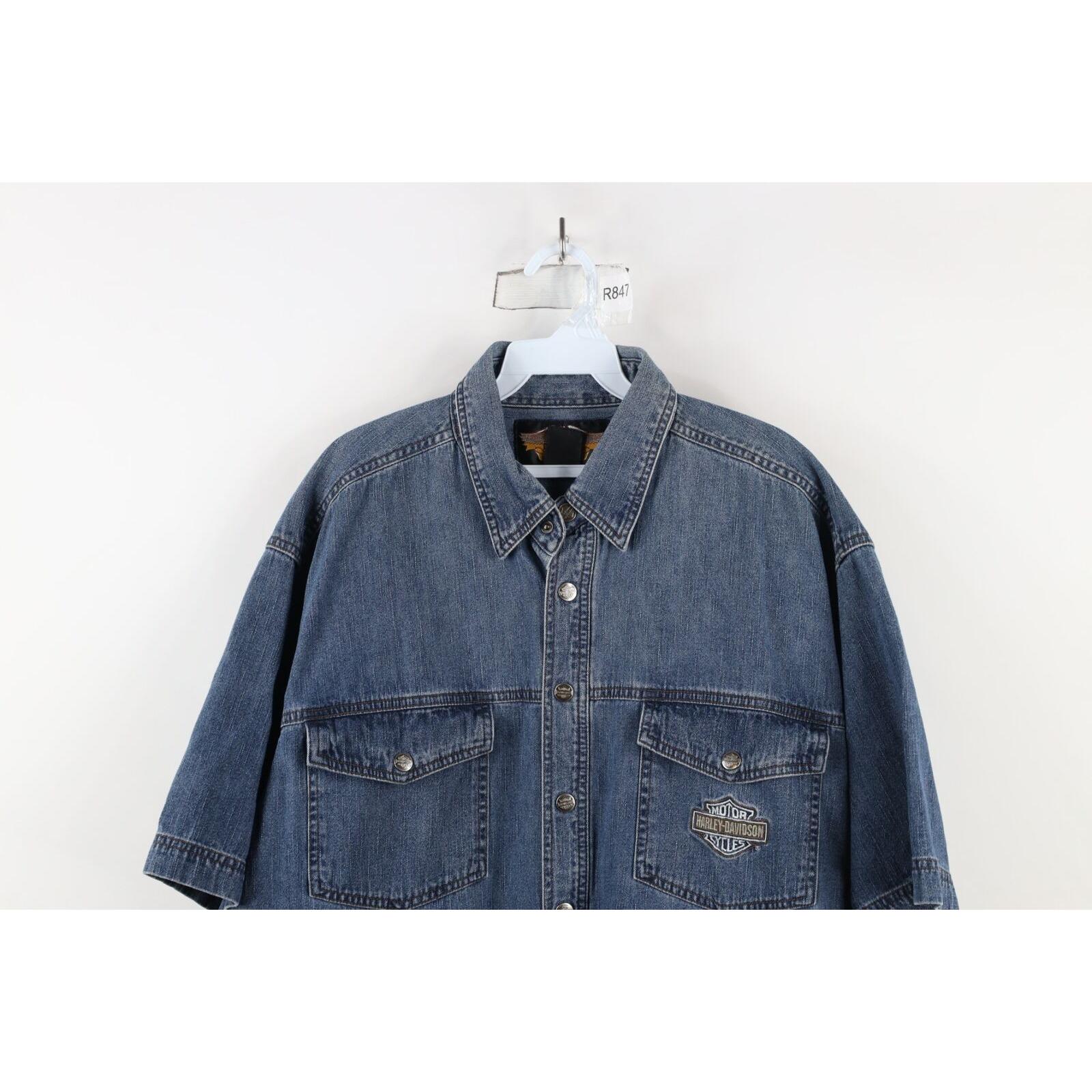 トップス 90s-00s HARLEY-DAVIDSON denim shirts Vintage 90s Harley Davidson Denim Shirt Sz M Women Short