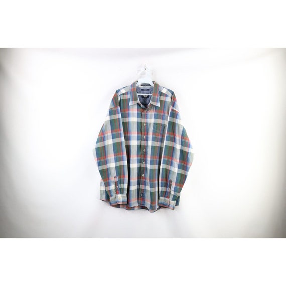 90s Streetwear Mens XL Faded Indigo Rainbow Plaid… - image 1