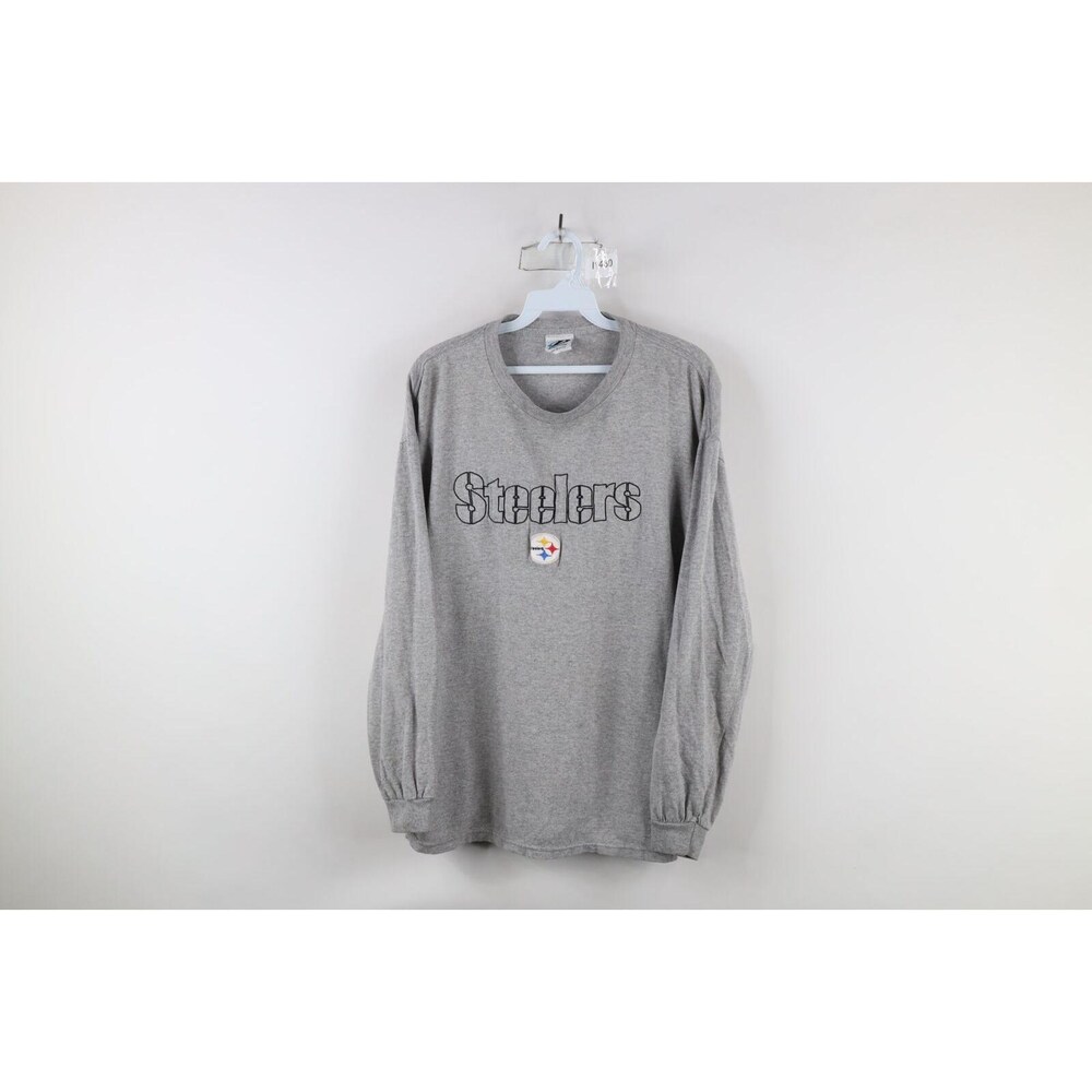 90S Mens Large Distressed Pittsburgh Steelers Long Sleeve T-Shirt Gray, Vintage Pittsburgh Steelers Long Sleeve T-Shirt, 90S Football Shirt