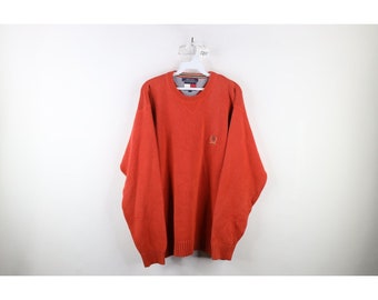 Grand pull à col rond en tricot de coton épais Tommy Hilfiger pour homme des années 90, orange, pull Tommy vintage, pull en tricot de coton épais des années 1990