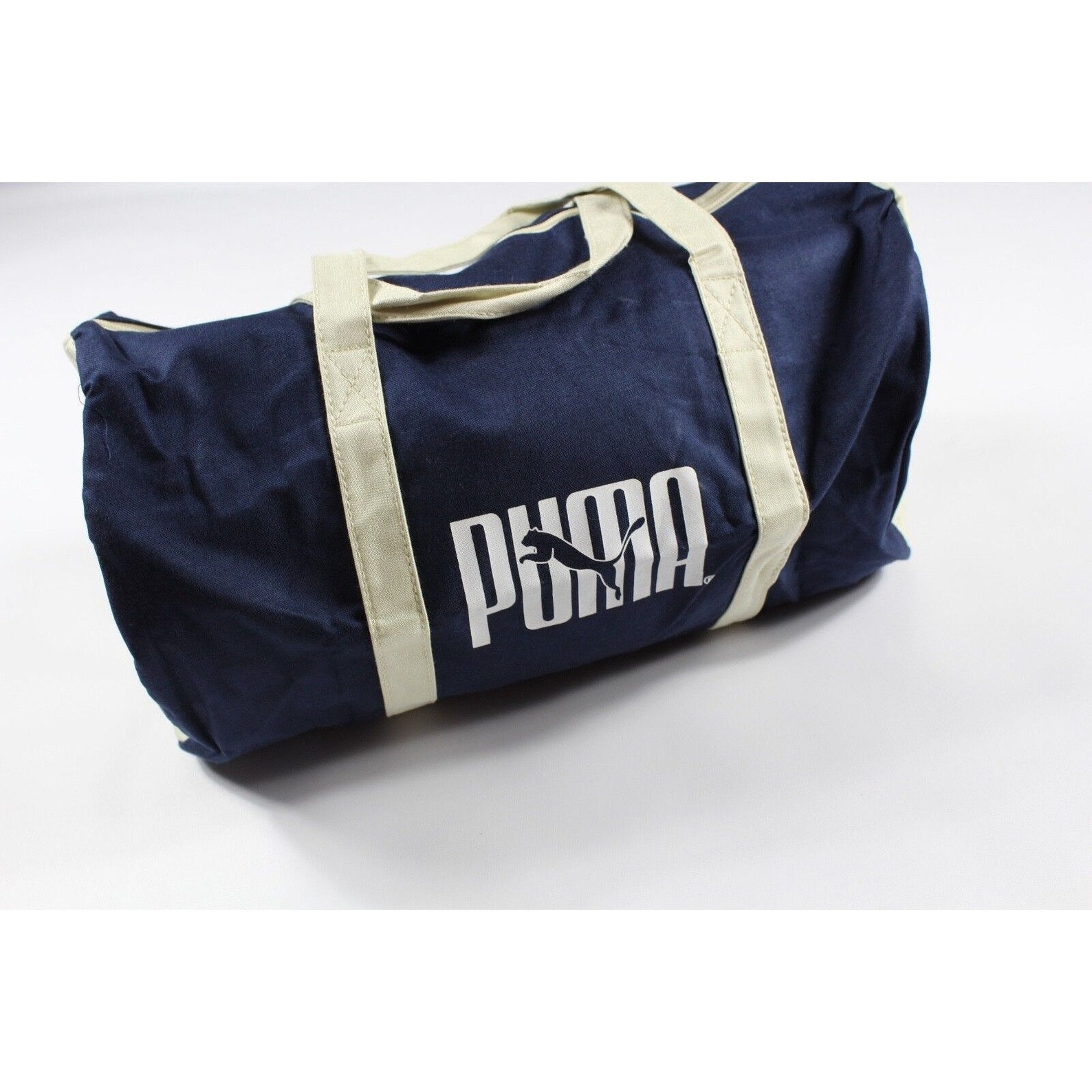 NOS Vintage 90s Puma Spell Out Duffle Duffel Bag Handled Gym Bag Navy