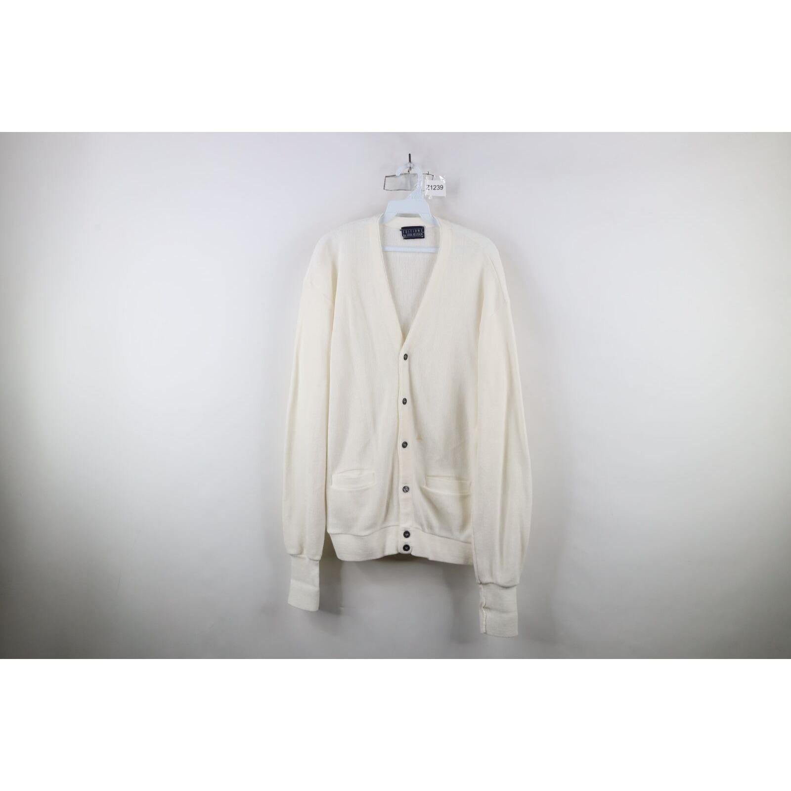 70s Streetwear Mens XL Distressed Blank Knit Cardigan Sweater White USA, Vintage Knit Cardigan Sweater, 1970s Knit Sweater, Vintage Sweater