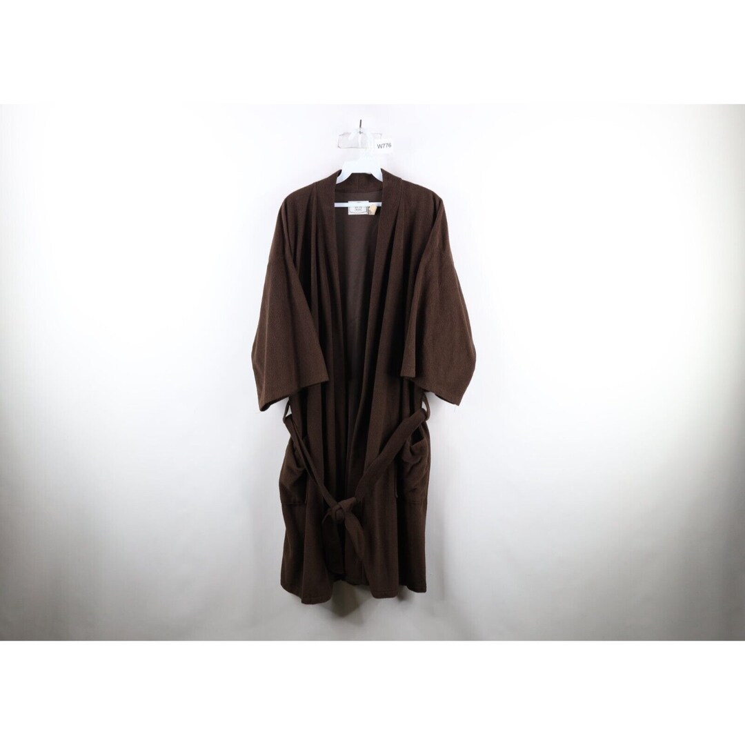 60s Streetwear Mens OSFA Blank Velour Fleece Belted Bath Robe Brown USA, Vintage Velour Bath