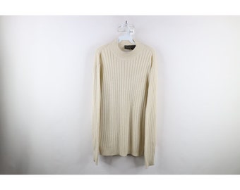 90s Streetwear Mens Medium Distressed Blank Ribbed Knit Mock Neck Sweater, Vintage Ribbed Knit Mock Neck Sweater, 1990s Mock Neck Sweater