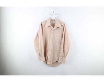 60s 70s Streetwear Mens 15.5 33 Knit Collared Long Sleeve Button Shirt Beige, Vintage Knit Button Shirt, 1960s Collared Button Shirt, 1970s
