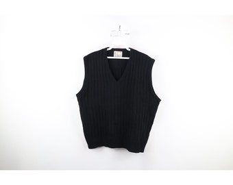 70s Streetwear Mens Large Blank Ribbed Knit V-Neck Sweater Vest Black USA, Vintage Ribbed Knit Sweater Vest, Mens Vintage Sweater, 70s Vest