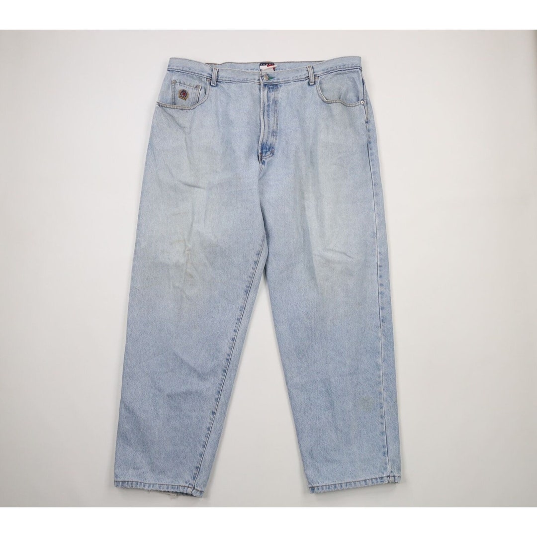 90s Tommy Hilfiger Mens 42x31 Thrashed Baggy Loose Fit Denim Jeans Blue