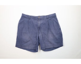 90er Jahre Streetwear 36 thrashed Plissee Leinen Shorts Blau, Vintage Sommer Shorts, 1990er Jahre Strand Shorts, 90er Jahre Leinen Shorts