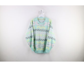 90s Streetwear Womens Medium Rainbow Pastel Fair Isle Knit Crewneck Sweater, Vintage Rainbow Knit Sweater, 1990s Pastel Mom Sweater, 1990s