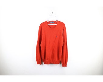 90s Ralph Lauren Mens Small Distressed Cotton Knit Crewneck Sweater Orange, Vintage Ralph Lauren Knit Sweater, 1990s Knit Crewneck Sweater