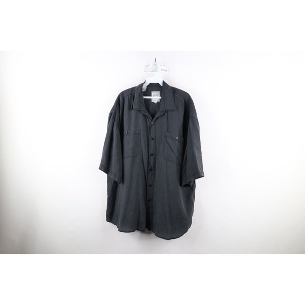 90s Streetwear Mens XL Faded Baggy Fit Silk Short Sleeve Button Shirt Black, Vintage Baggy Silk Button Shirt, 1990s Silk Collared Dad Shirt