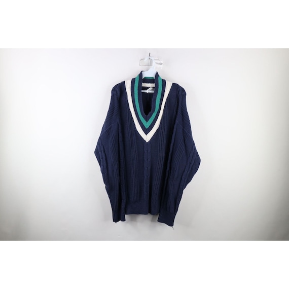 90s Dapper Mens XL Distressed Chunky Cable Knit V-