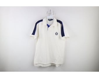 90er Jahre Ralph Lauren Herren Großes Custom Fit Spell Out Tennis Poloshirt Weiß, Vintage Ralph Lauren Tennis Polo, 1990er Tennis Polo, Vintage Polo