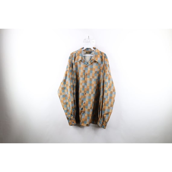 70s Streetwear Mens 2XL Checkered Collared Button… - image 1