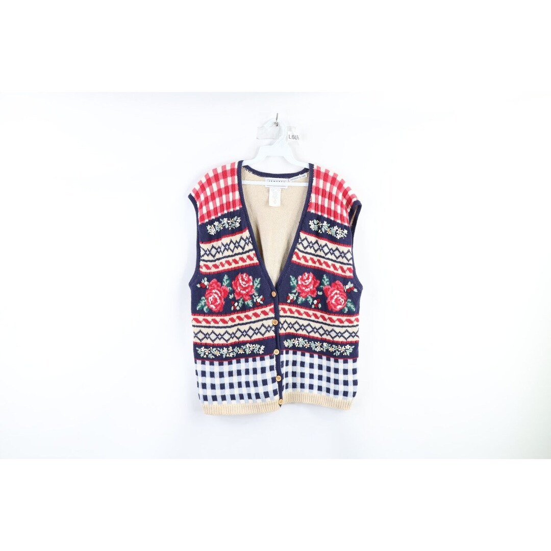 90s Streetwear Womens L Hand Embroidered Knit Flower