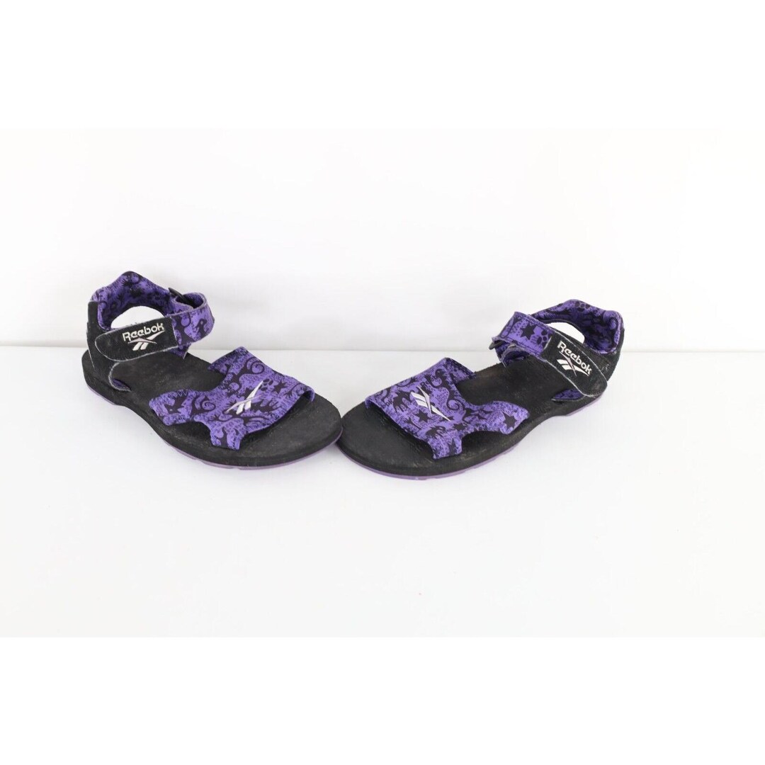 90s Reebok Mens 10 Distressed Spell Out Strap Sandals Geometric Purple ...