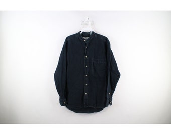 90s Streetwear Mens Small Faded Band Collar Denim Jean Button Shirt Black, Vintage Denim Button Shirt, 1990s Banded Collar Shirt, 90s Shirt