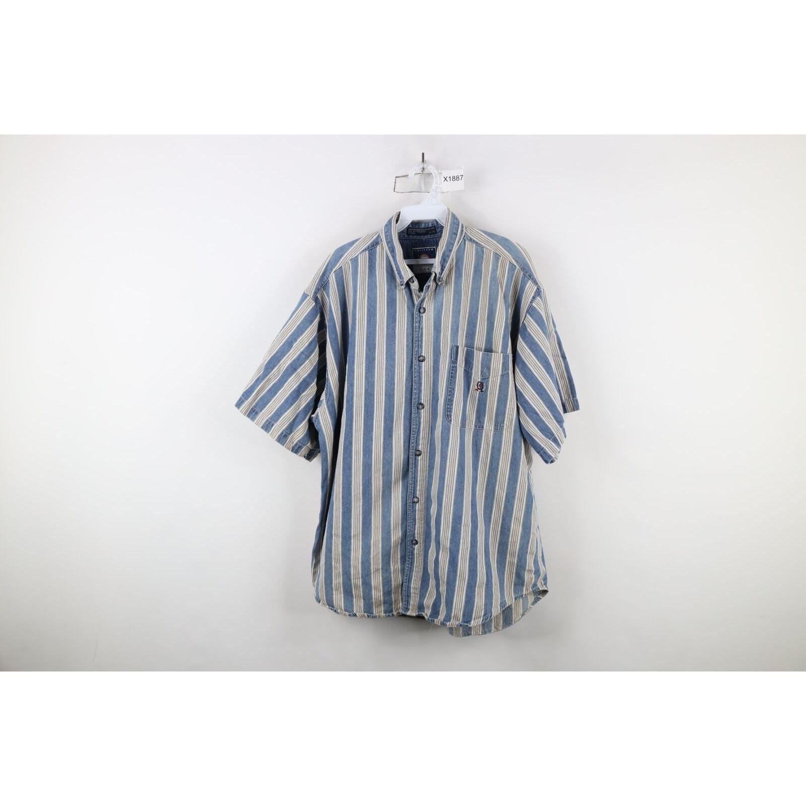 90s Streetwear Mens XL Faded Striped Color Block Denim Jean Button Shirt, Vintage Striped Denim Button Shirt, 1990s Color Block Button Shirt