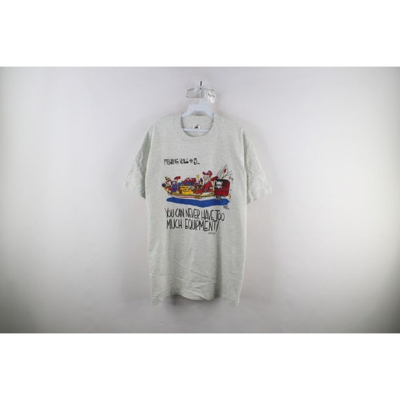 90s Mens Large Spell Out Funny Fishing Equipment Comic T-shirt Gray USA,  Vintage Fishing T-shirt, 1990s Funny Cartoon Fishing T-shirt, 90s T 