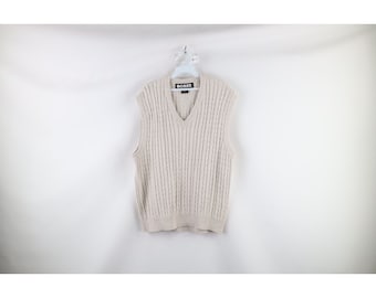 90s Streetwear Mens Size XL Blank Cable Knit V-Neck Sweater Vest Beige, Vintage Cable Knit Sweater Vest, Mens Vintage Vest, 1990s Sweater