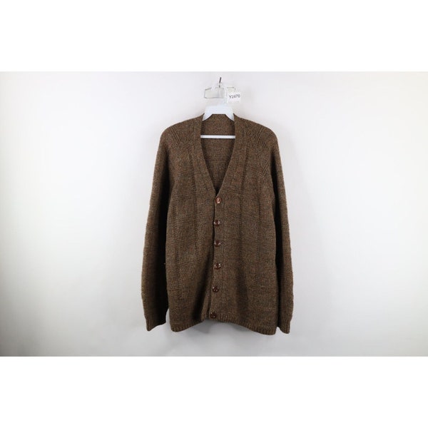 60s 70s Streetwear Mens XL Hand Crochet Knit Wool Cardigan Sweater Brown, Vintage Hand Knit Cardigan Sweater, 1960s Cardigan Sweater, 70s