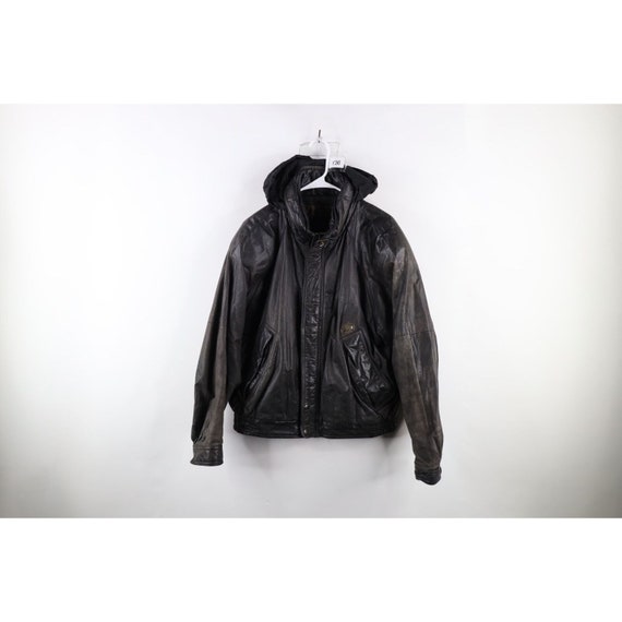 90s Streetwear Mens Large Distressed Hooded Leather Bomber Jacket 