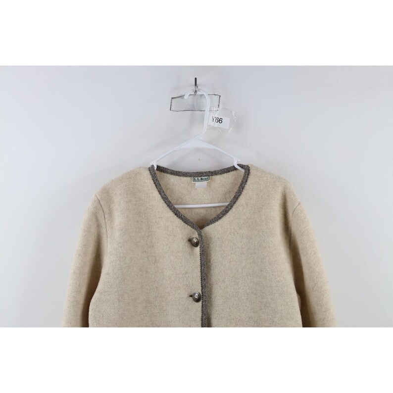 90s LL Bean Womens Large Heavyweight Wool Knit Cardigan Sweater Beige