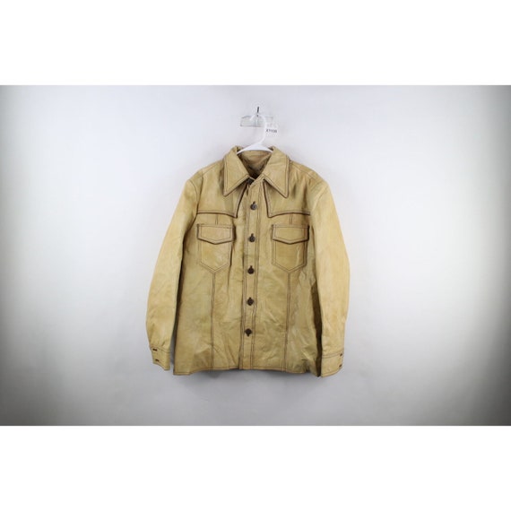 70s Rockabilly Mens 40 Distressed Lined Leather Western Button 