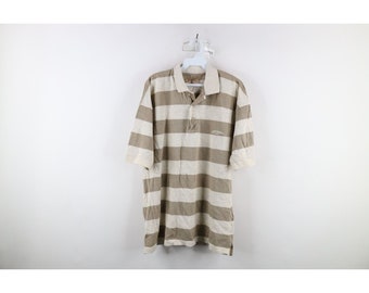90s Guess Mens Medium Spell Out Striped Knit Collared Polo Shirt Beige, Vintage Guess Polo Shirt, 1990s Striped Knit Polo Shirt, Vintage 90s
