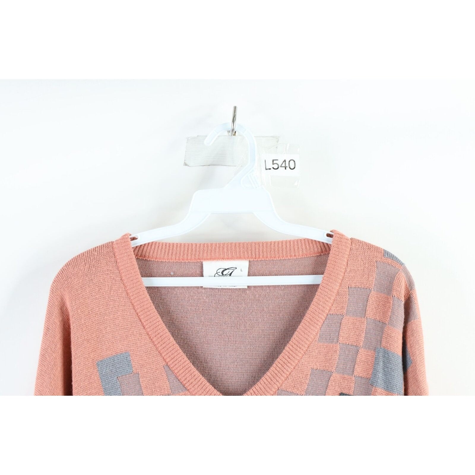 90s Streetwear Womens Large Checkered Wool Blend Knit V-neck