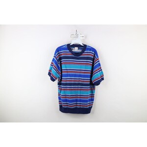 60s 70s Streetwear Mens L Striped Color Block Knit Short Sleeve Sweater USA, 1960s Short Sleeve Knit Sweater, Vintage Striped Knit Sweater