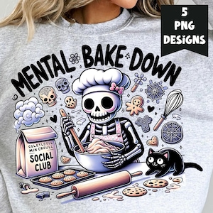 Club social PNG con un horno mental, diseño de sublimación de esqueleto kawaii para cocinar, descarga digital de camiseta de chef bruja y cocinero con calavera para hornear