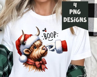 Cute Christmas Cow PNG: Highland Cow Sublimation Design, Santa Hat Cow Graphic Digital Download
