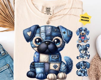 Perro de retazos de mezclilla PNG, diseño de sublimación de cachorro lindo, descarga digital de perro de mezclilla, diseño de camiseta de perro estilo western