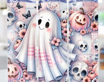 Envoltura para vaso de Halloween con un lindo fantasma espeluznante, divertido diseño de sublimación para vaso de otoño de 20 oz, Halloween PNG, fantasmas espeluznantes de Pinkoween, Summerween