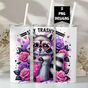 Diseño de sublimación de vaso delgado de 20 oz Stay Trashy Raccoon, descarga digital PNG, envoltura de vaso con divertido mapache, diseño de mapache PNG